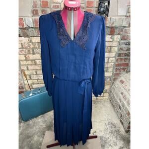 Dress sheer navy lace collar pleated skirt vintage 1980s